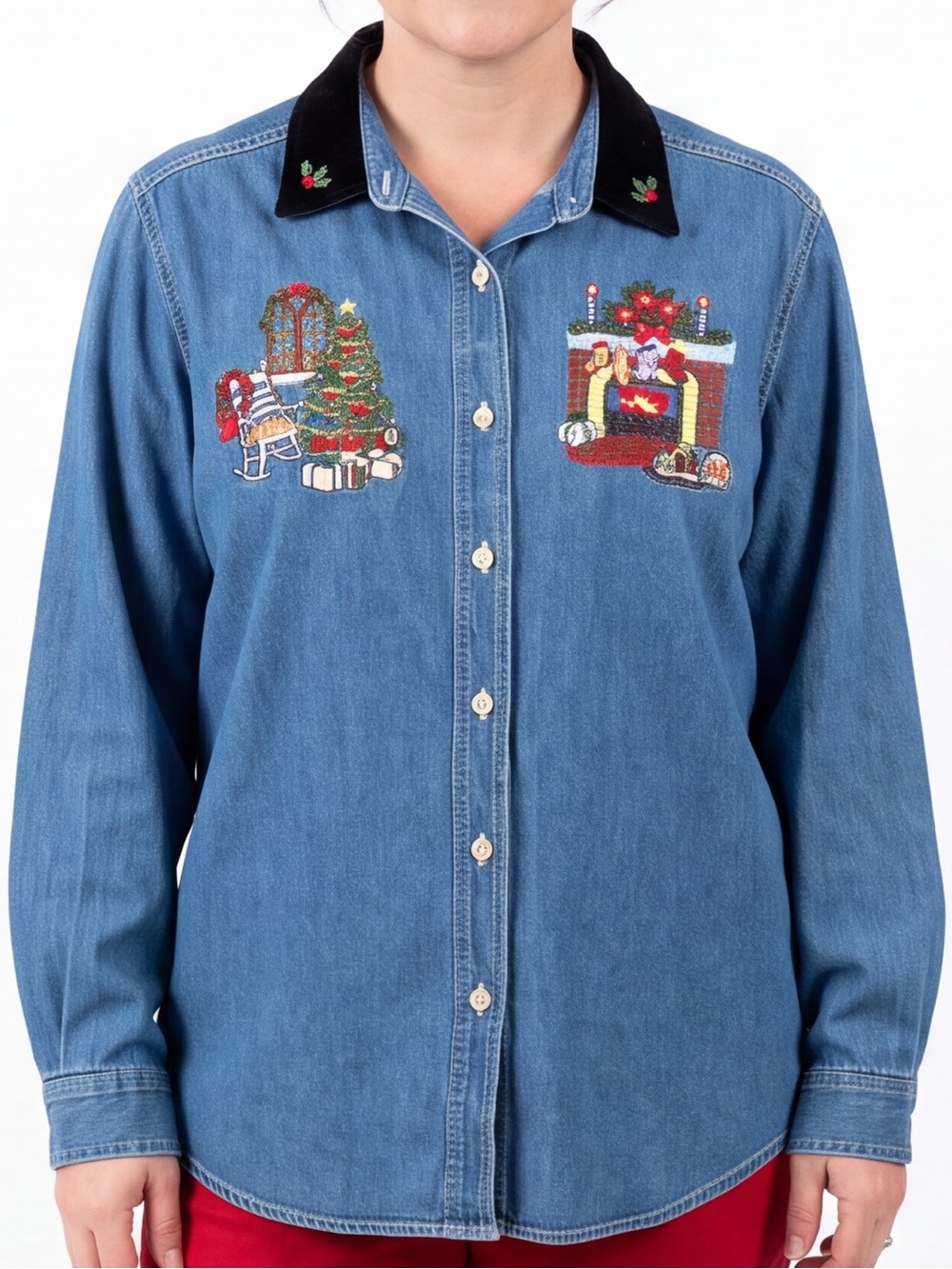 Vintage 90s Ugly Christmas Embroidered Denim Holiday Shirt Velvet Collar